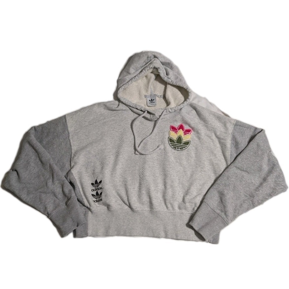 Adidas Originals Cropped Hoodie Womens M Gray Trefoil‎ Spellout Sweatshirt